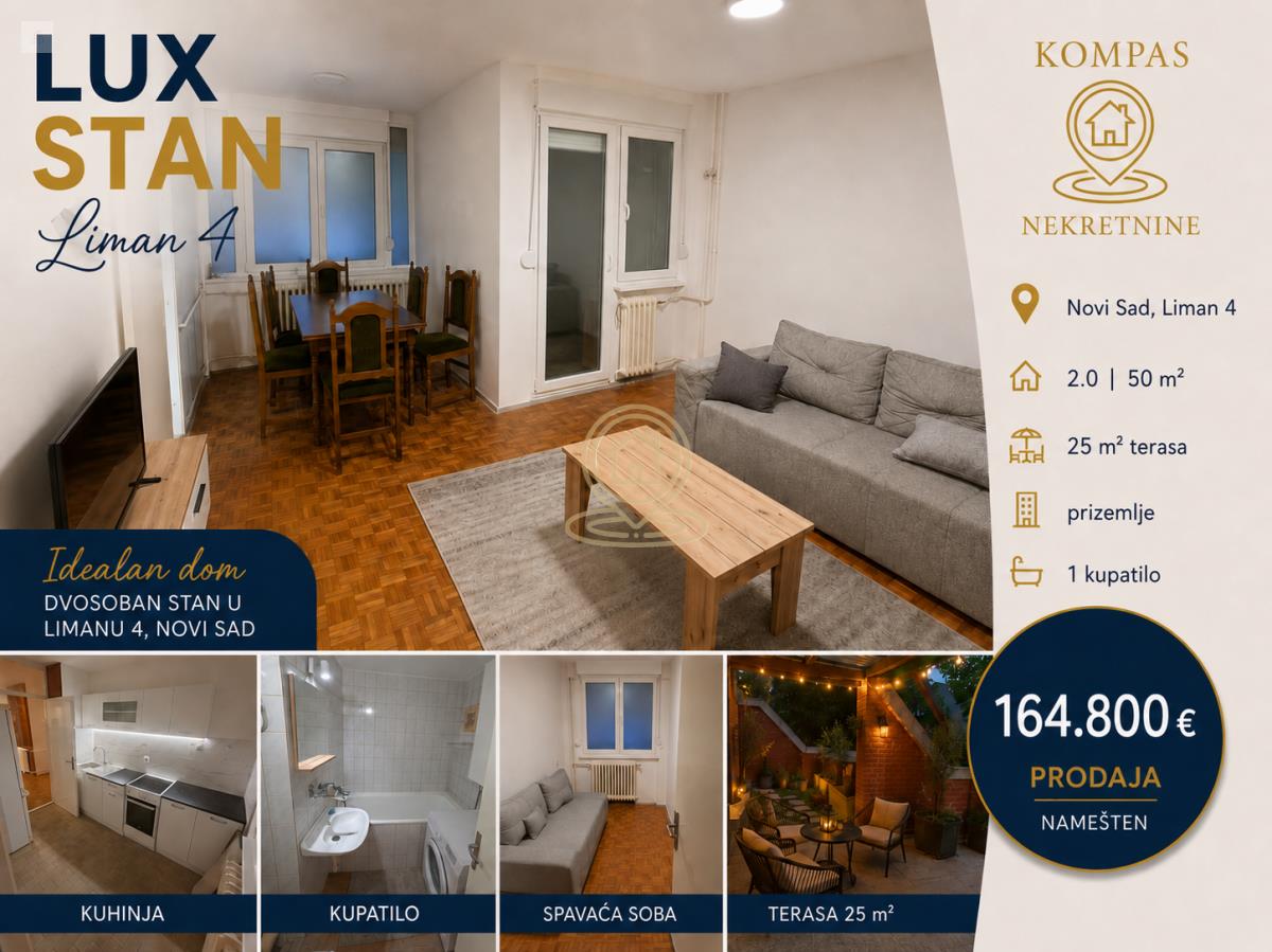 Dvosoban stan, 50 m² + 25m2 TERASE, Liman 4, Novi Sad, prizemlje