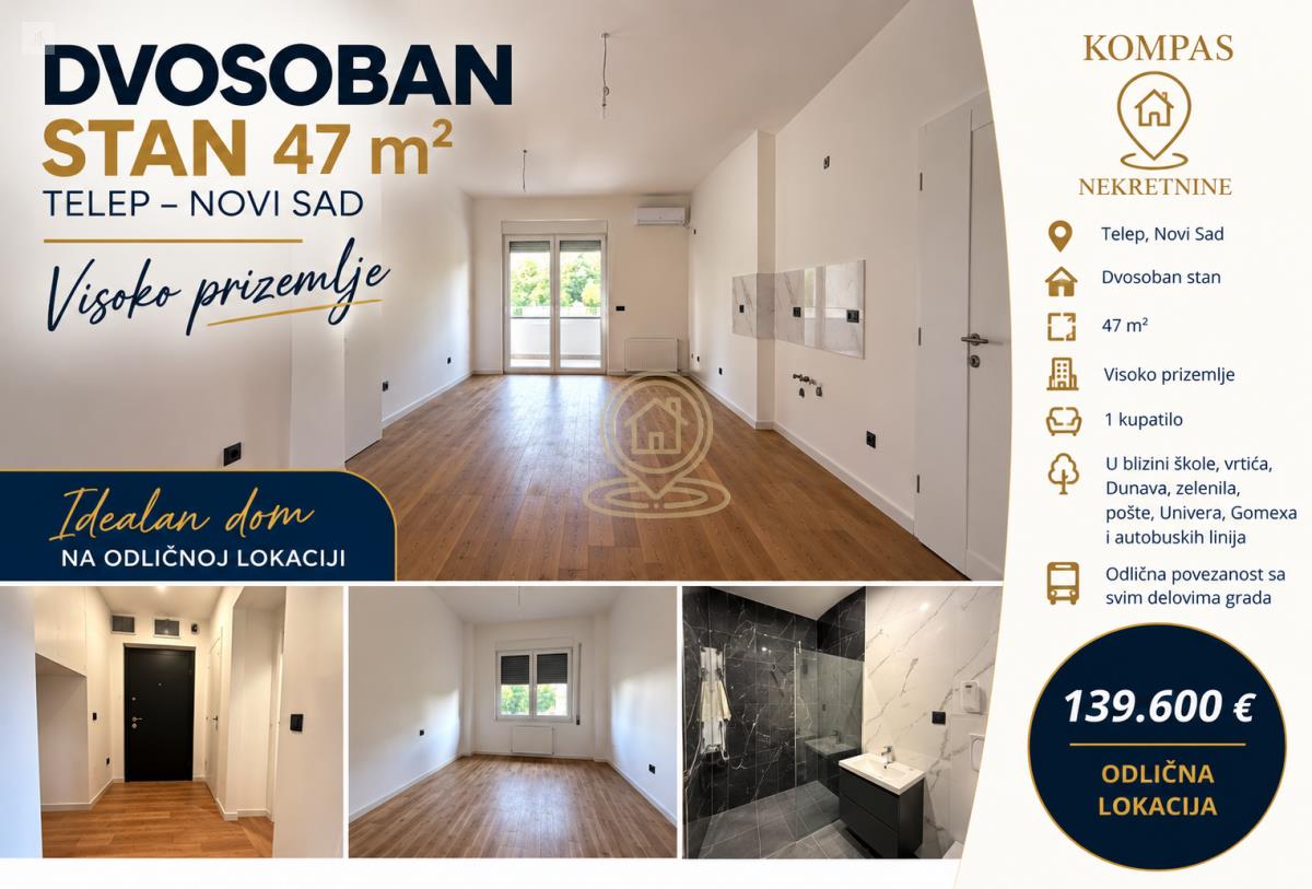 Dvosoban stan 47 m², Telep, Novi Sad, visoko prizemlje, kredit za mlade