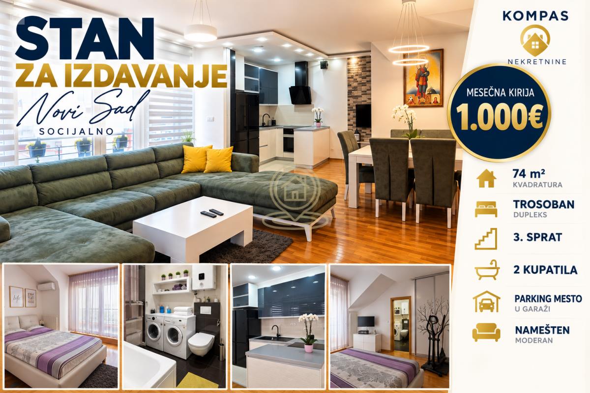 Trosoban stan 74 m², Socijalno, Novi Sad, 3. sprat, 2 kupatila