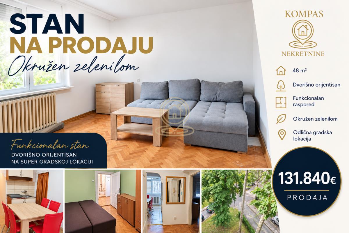 Odlična gradska lokacija stana 48m2  – dvorišno orijentisan, okružen zelenilom