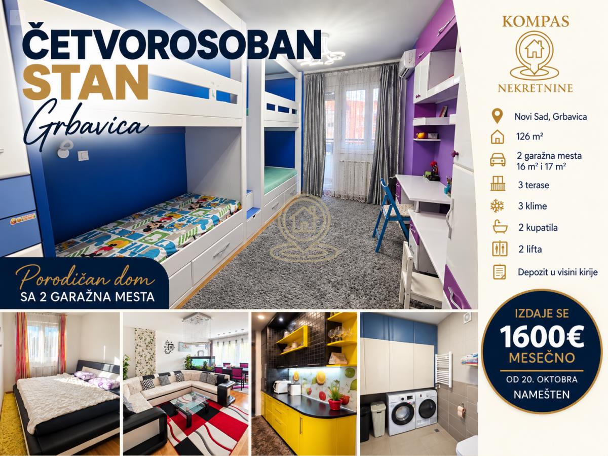 Izdavanje stanova Novi Sad-Grbavica 126m2 1600 EUR.