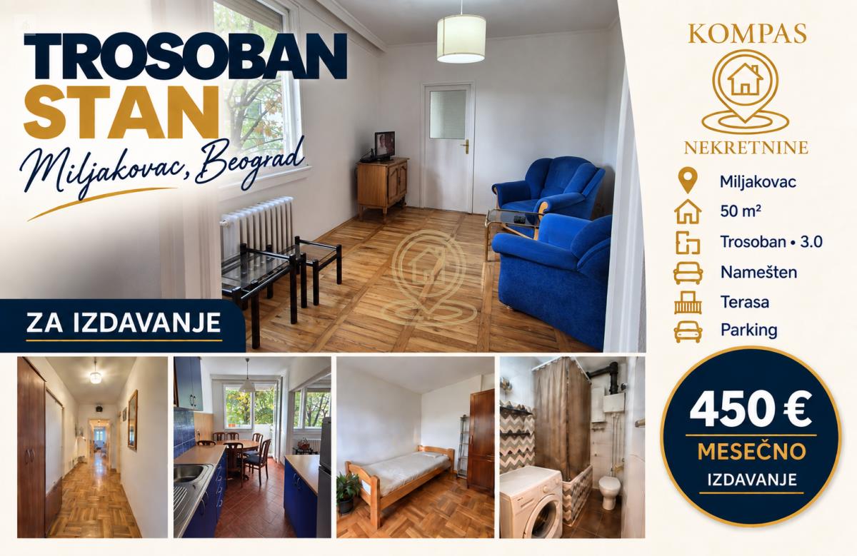 Trosoban stan, 50 m², 2. sprat, Miljakovac