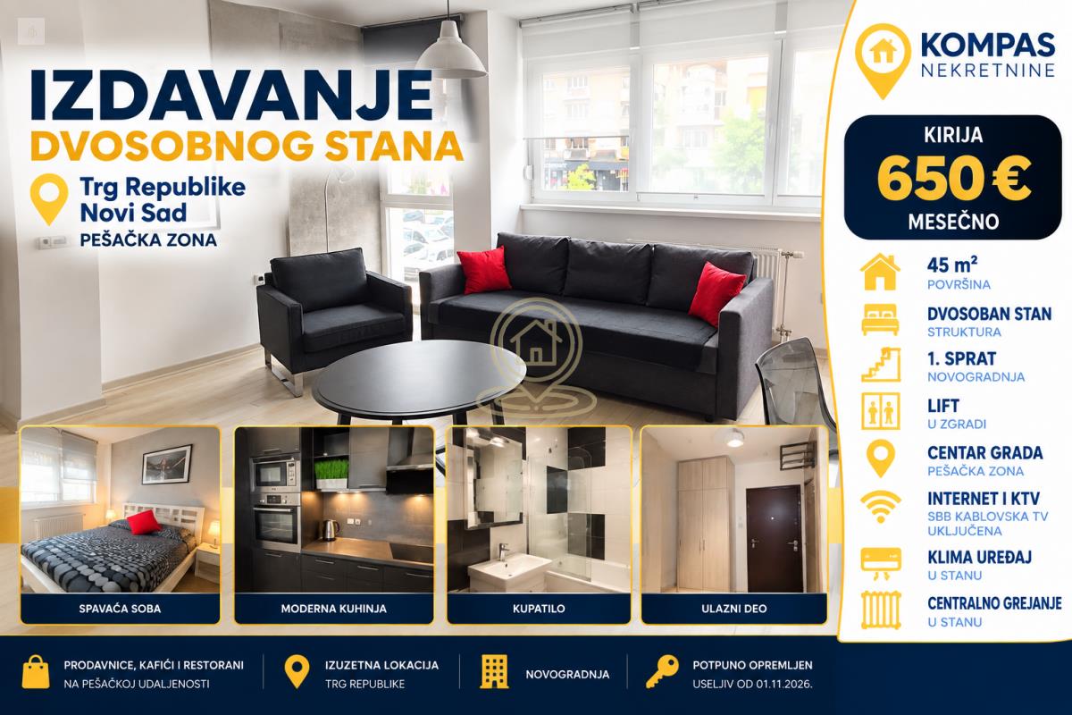 Dvosoban stan 45 m², Centar, Novi Sad, 1. sprat