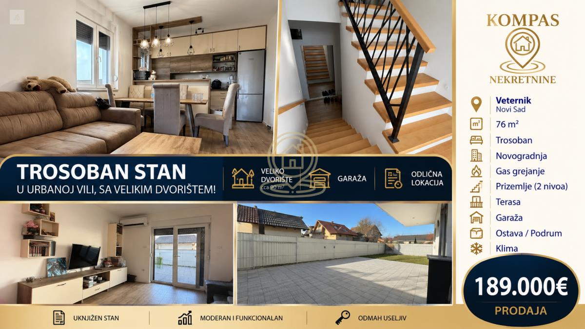 Urbana vila - Trosoban stan sa dvoristem od 90m2 i garazom, Veternička rampa, Novi Sad