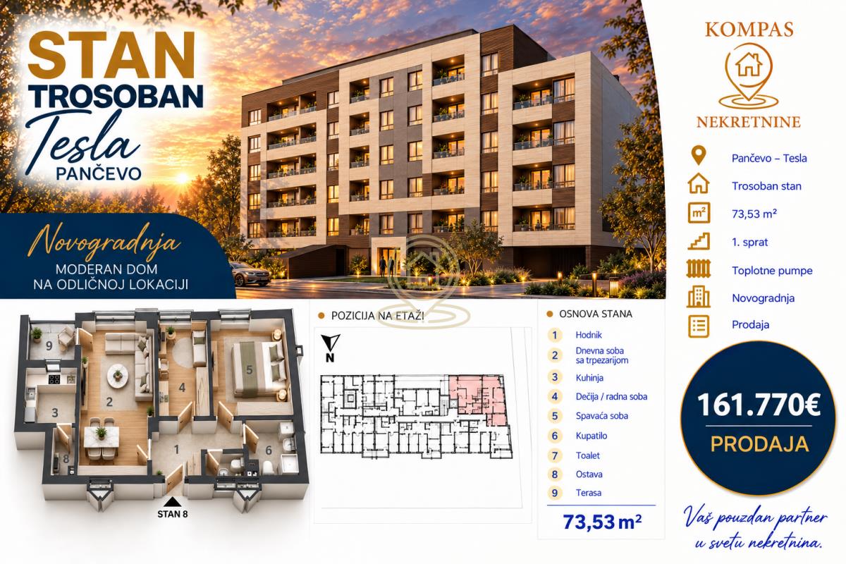 Trosoban stan 66.11 m², Tesla, Pančevo, 1. sprat
