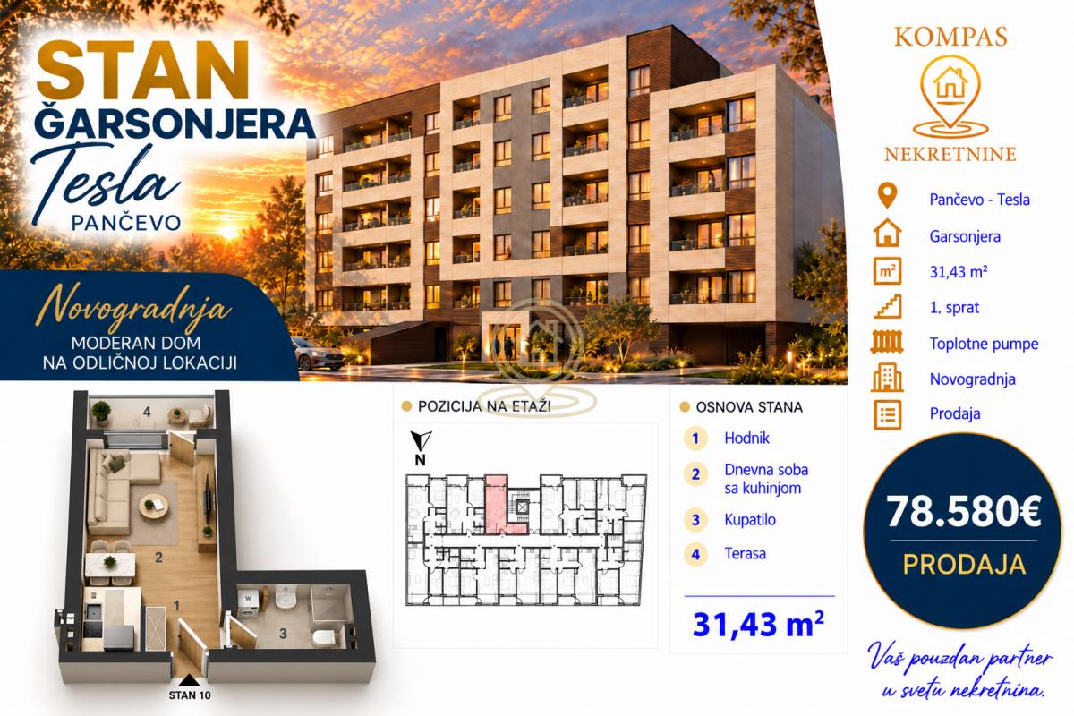 Garsonjera u Pančevu, Tesla, 31.43 m², 1. sprat