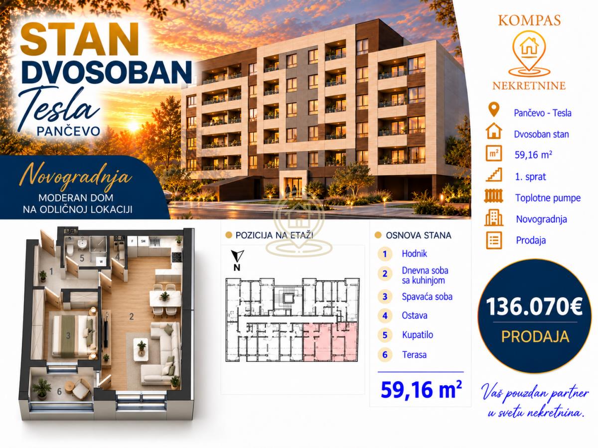 Dvosoban stan u Pančevu, Tesla, 59.16 m², 1. sprat