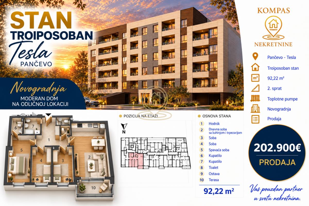 Troiposoban stan 92,22 m², Tesla, Pančevo, 2. sprat, 3 kupatila
