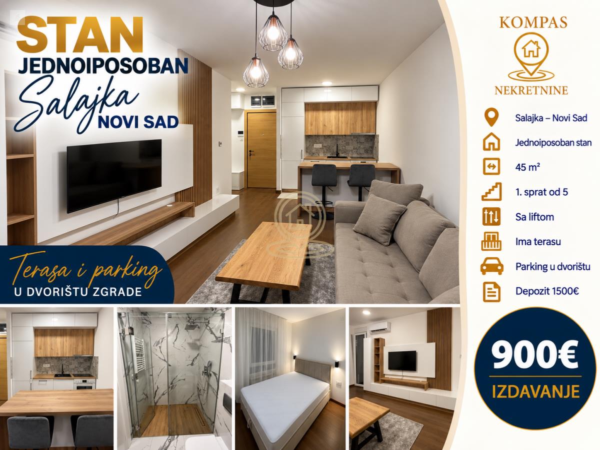 Izdavanje stanova Novi Sad-Salajka 900€ 45m2 LUX