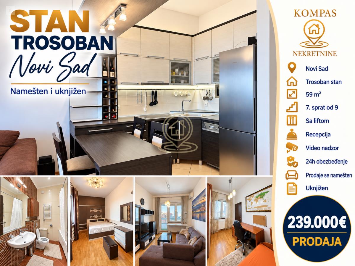 Prodaja stanova Novi Sad-Sajmište 59m2 239000€ Namešten