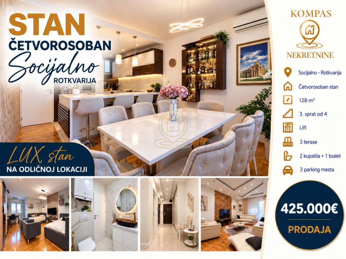 Prodaja stanova Novi Sad-Rotkvarija 128m2 LUX Namešten četvorosoban stan 425.000€