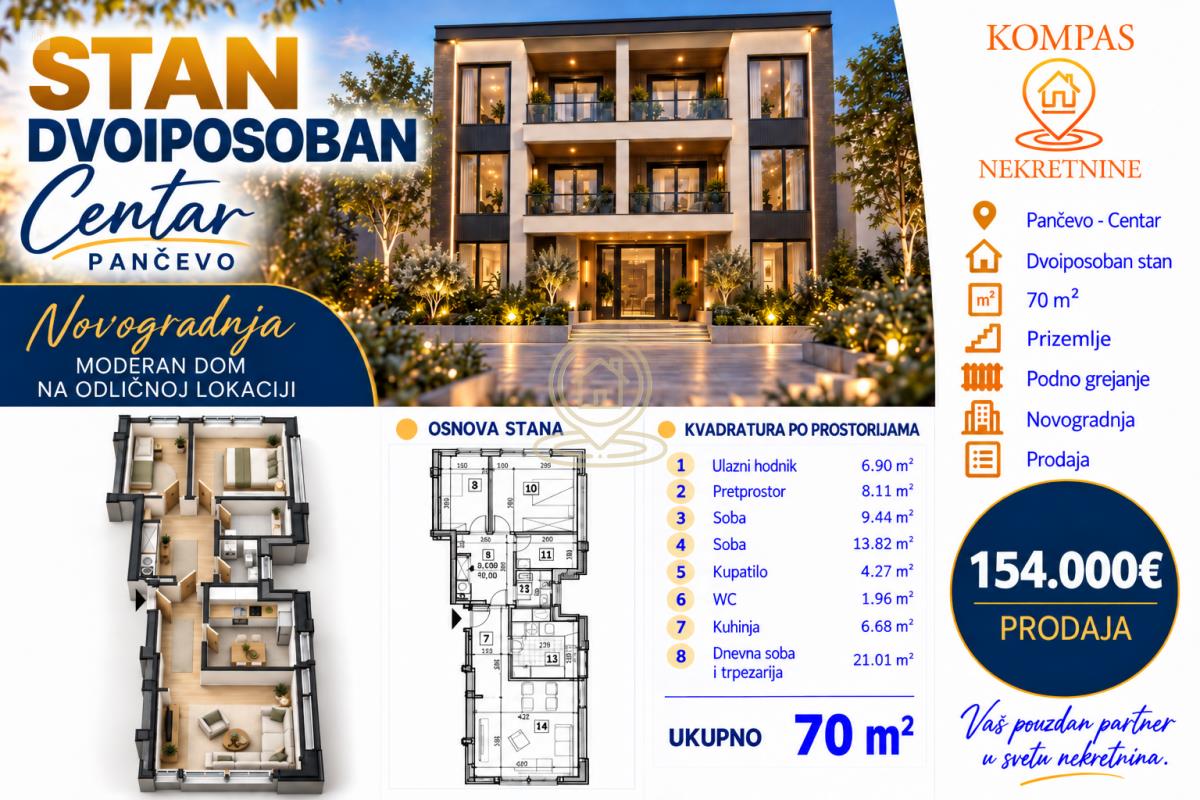 Pančevo, stan 70 m², 2.5 soba, 2 kupatila