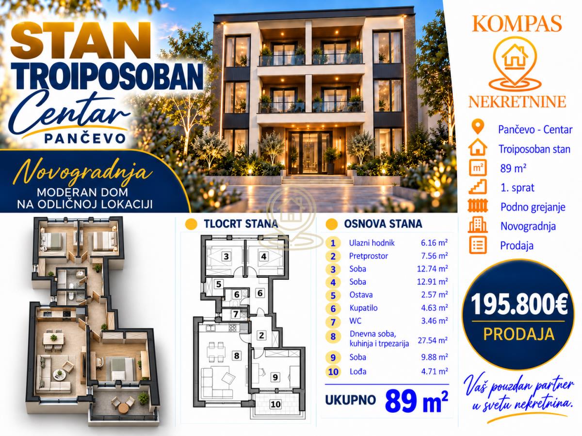 Troiposoban stan 89 m², 2 kupatila, Centar, Pančevo