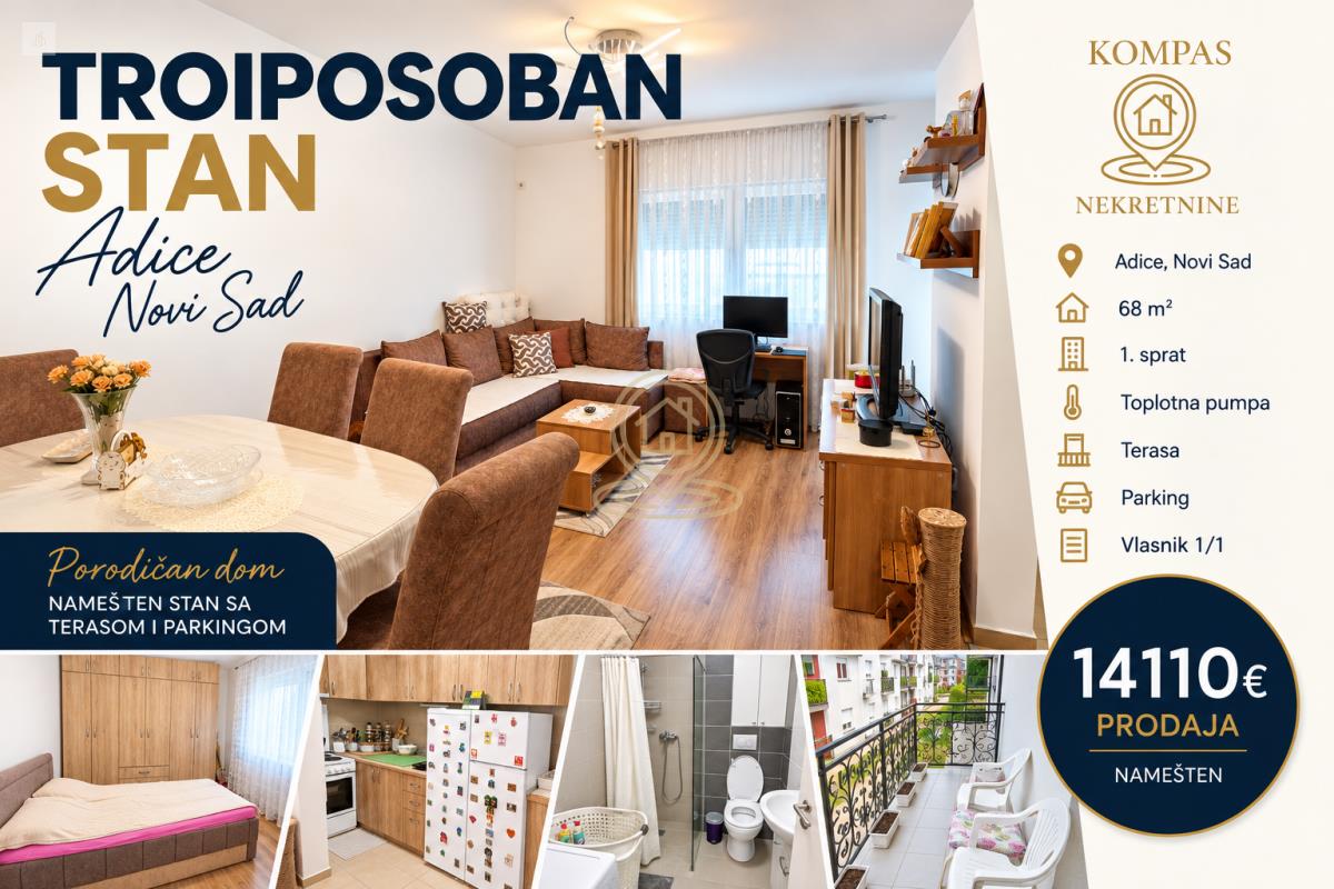 PRODAJA – TROIPOSOBAN STAN 68 m² | ADICE, NOVI SAD | NAMEŠTEN | PARKING