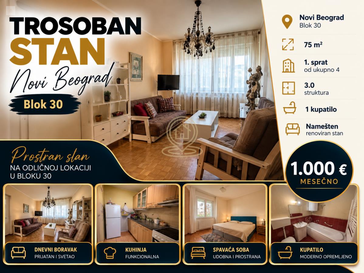Trosoban stan 75 m², Blok 30, Novi Beograd, 1. sprat