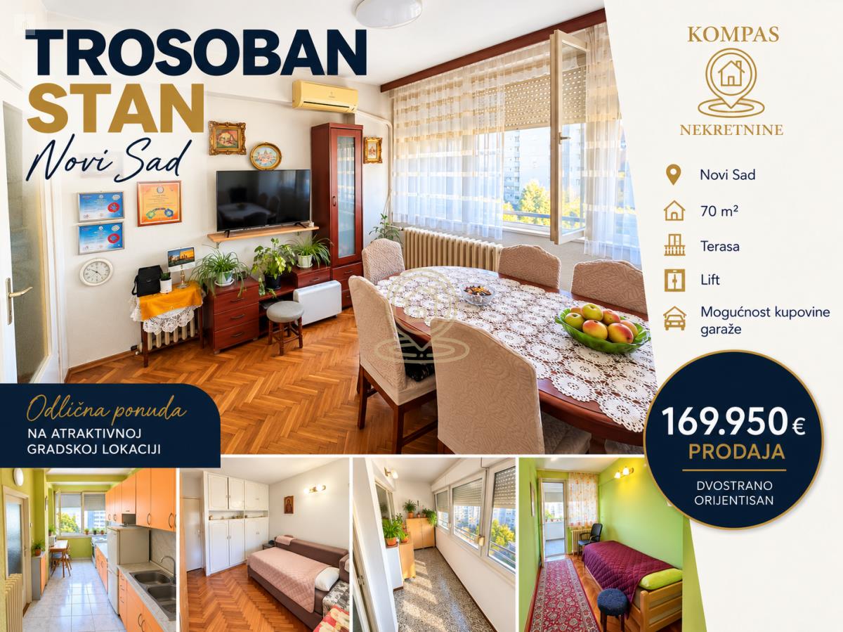 Prodaja trosobnog stana 70 m² – Novi Sad, gradska lokacija, terasa, lift, mogućnost garaže – 169.950 €