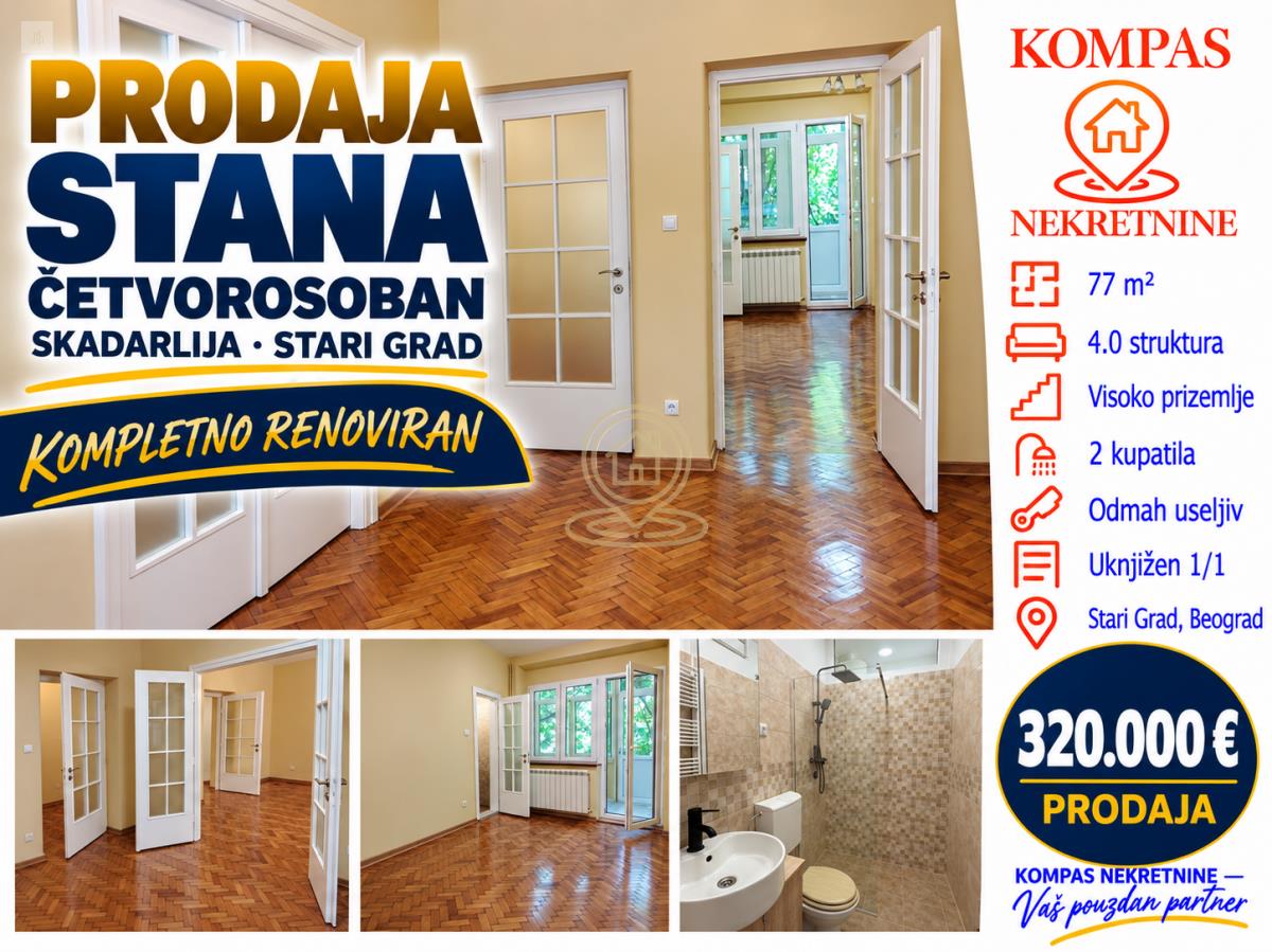 Četvorosoban stan u Skadarliji, Stari Grad, 77 m², 2 kupatila